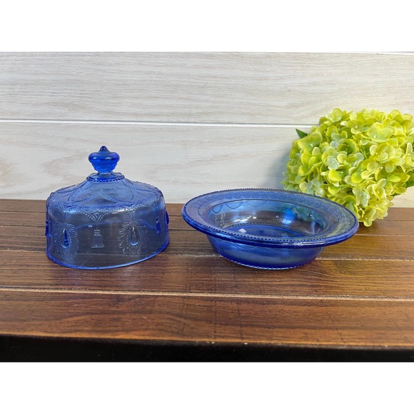 Vintage Pressed Cobalt Glass Butter Dish / Cheese Dome - Picture 5 of 7